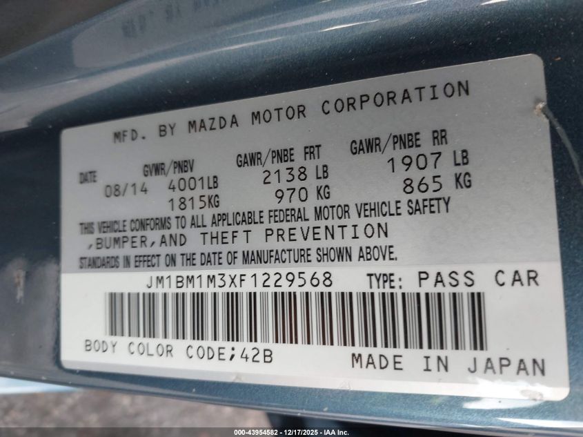 2015 Mazda Mazda3 S Grand Touring VIN: JM1BM1M3XF1229568 Lot: 43954582