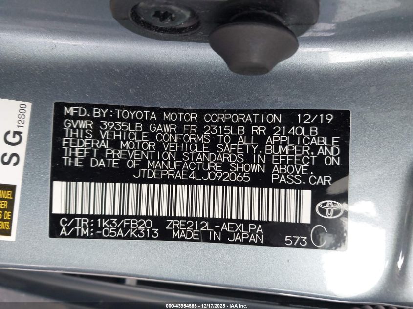 2020 Toyota Corolla Le VIN: JTDEPRAE4LJ092065 Lot: 43954585