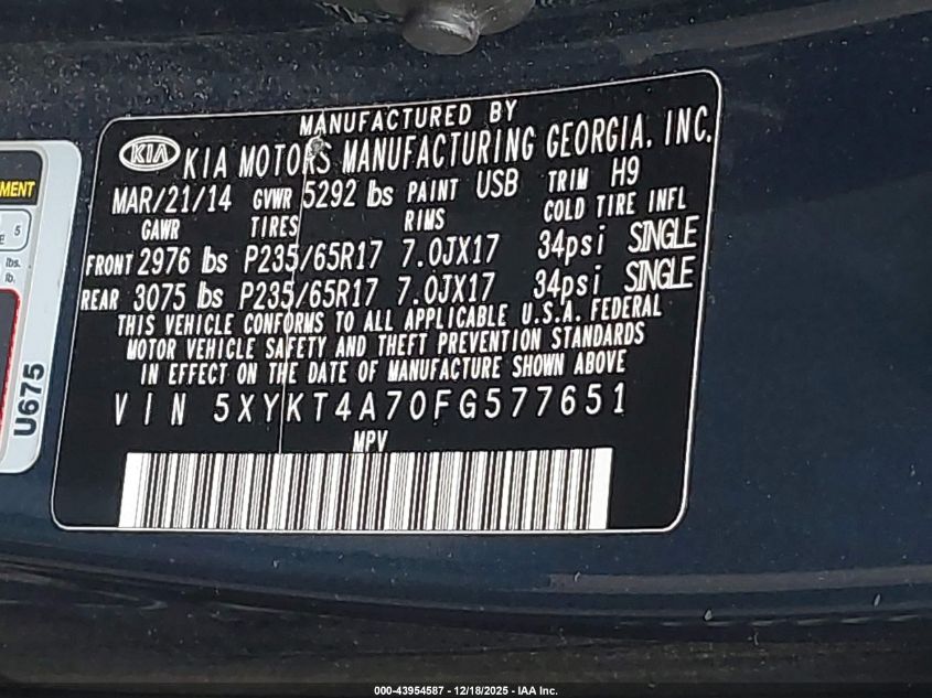 2015 Kia Sorento Lx V6 VIN: 5XYKT4A70FG577651 Lot: 43954587