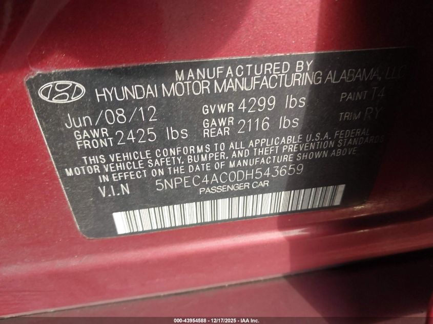 2013 Hyundai Sonata Se VIN: 5NPEC4AC0DH543659 Lot: 43954588