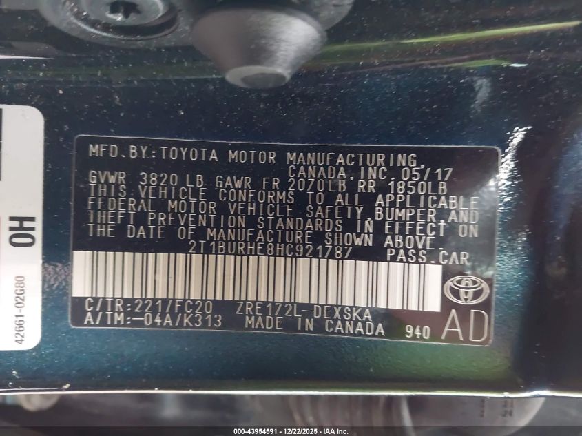 2017 Toyota Corolla Se VIN: 2T1BURHE8HC921787 Lot: 43954591