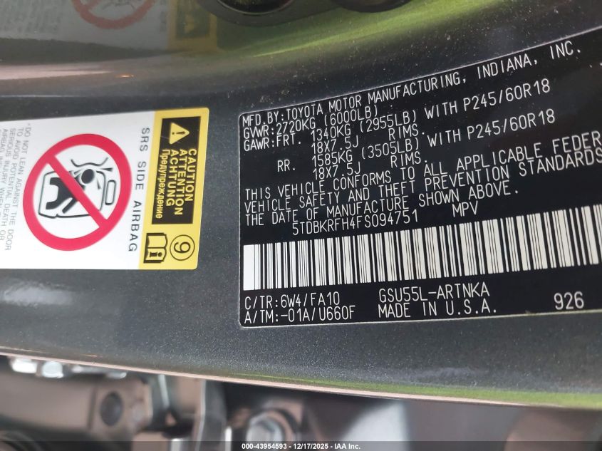 2015 Toyota Highlander Le Plus V6 VIN: 5TDBKRFH4FS094751 Lot: 43954593