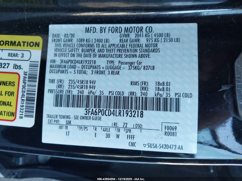 2020 Ford Fusion Sel VIN: 3FA6P0CD4LR193218 Lot: 43954594