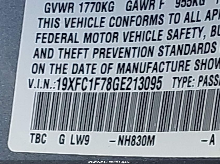 2016 Honda Civic Ex-L VIN: 19XFC1F78GE213095 Lot: 43954595
