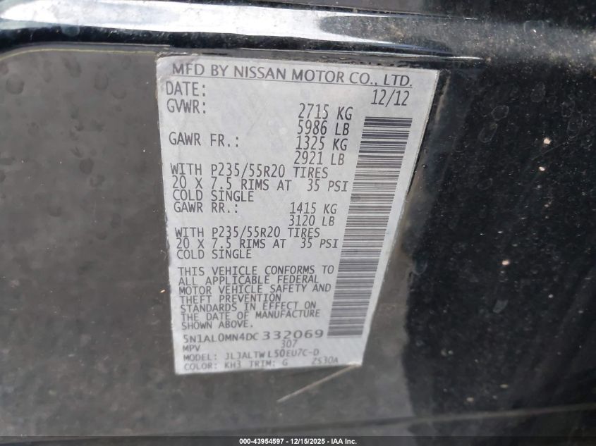 2013 Infiniti Jx35 VIN: 5N1AL0MN4DC332069 Lot: 43954597