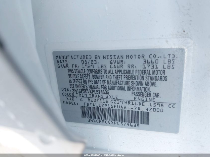 2023 Nissan Kicks Sv Xtronic Cvt VIN: 3N1CP5CVXPL574635 Lot: 43954600