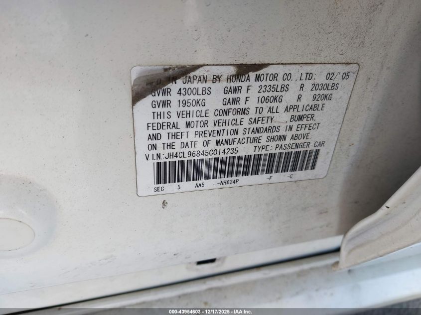 2005 Acura Tsx VIN: JH4CL96845C014235 Lot: 43954603