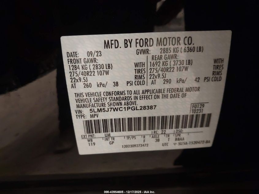 2023 Lincoln Aviator Reserve VIN: 5LM5J7WC1PGL28387 Lot: 43954605