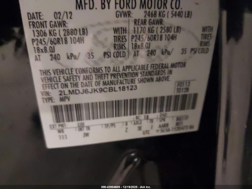 2012 Lincoln Mkx VIN: 2LMDJ6JK9CBL18123 Lot: 43954608