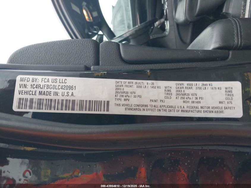 2020 Jeep Grand Cherokee Limited X 4X4 VIN: 1C4RJFBG0LC420961 Lot: 43954610