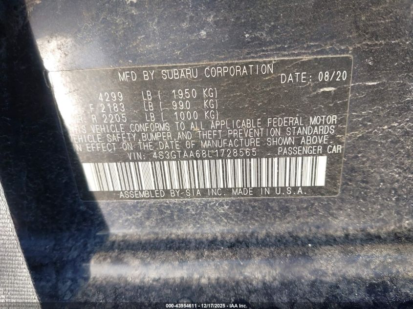 2020 Subaru Impreza 5-Door VIN: 4S3GTAA68L1728565 Lot: 43954611