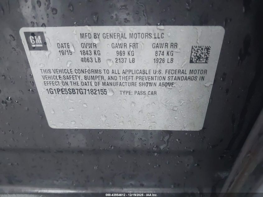 2016 Chevrolet Cruze Limited 1Lt Auto VIN: 1G1PE5SB7G7182155 Lot: 43954612