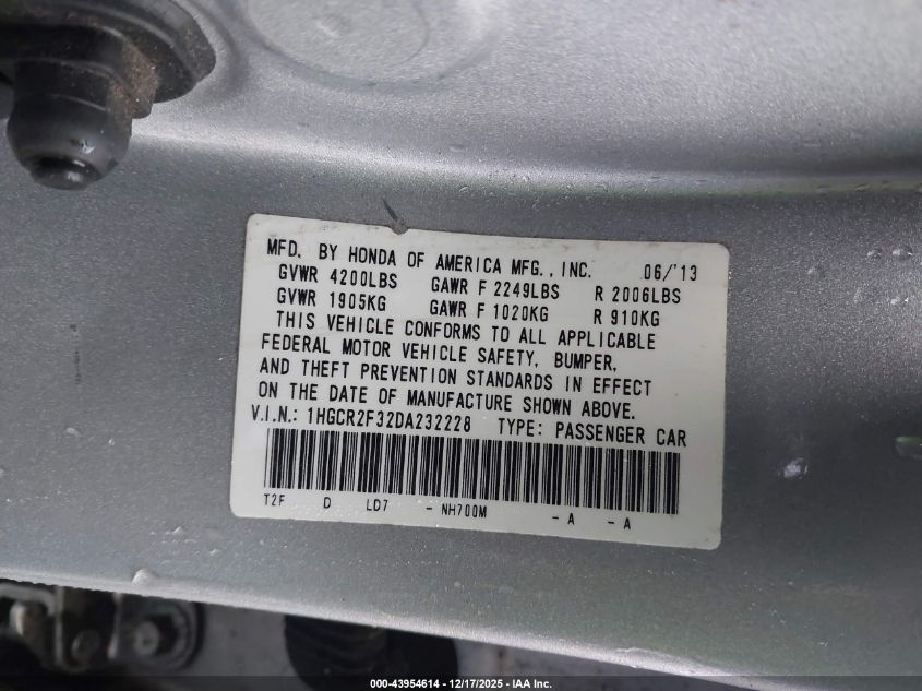 2013 Honda Accord Lx VIN: 1HGCR2F32DA232228 Lot: 43954614