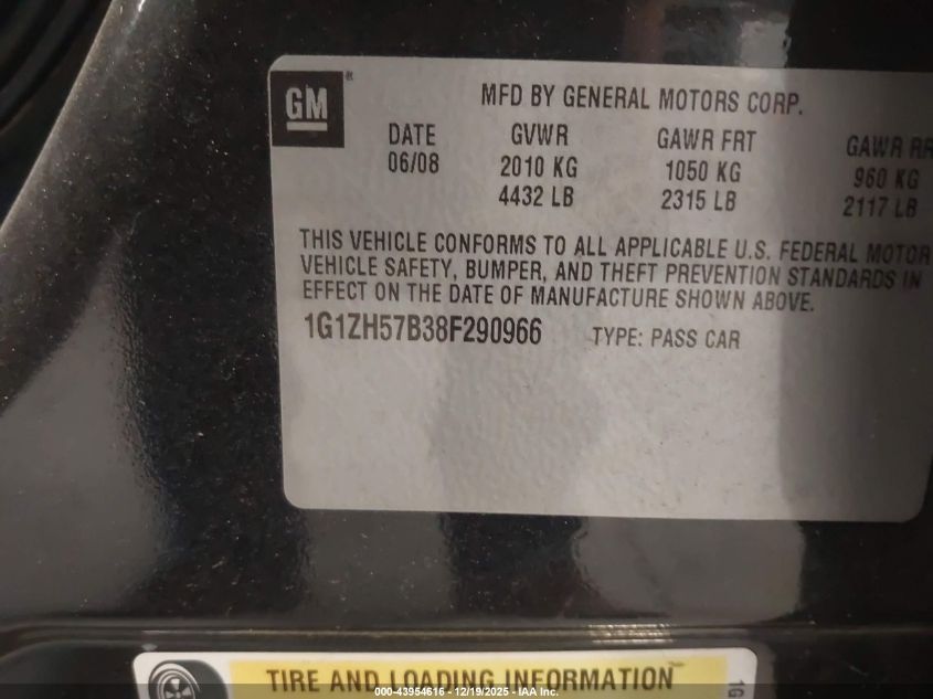 2008 Chevrolet Malibu Lt VIN: 1G1ZH57B38F290966 Lot: 43954616