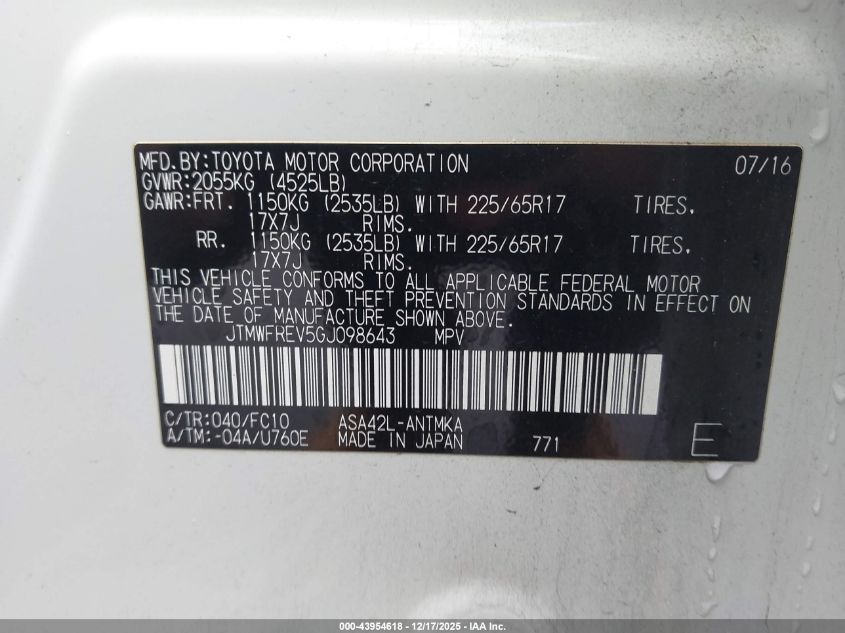 2016 Toyota Rav4 Xle VIN: JTMWFREV5GJ098643 Lot: 43954618