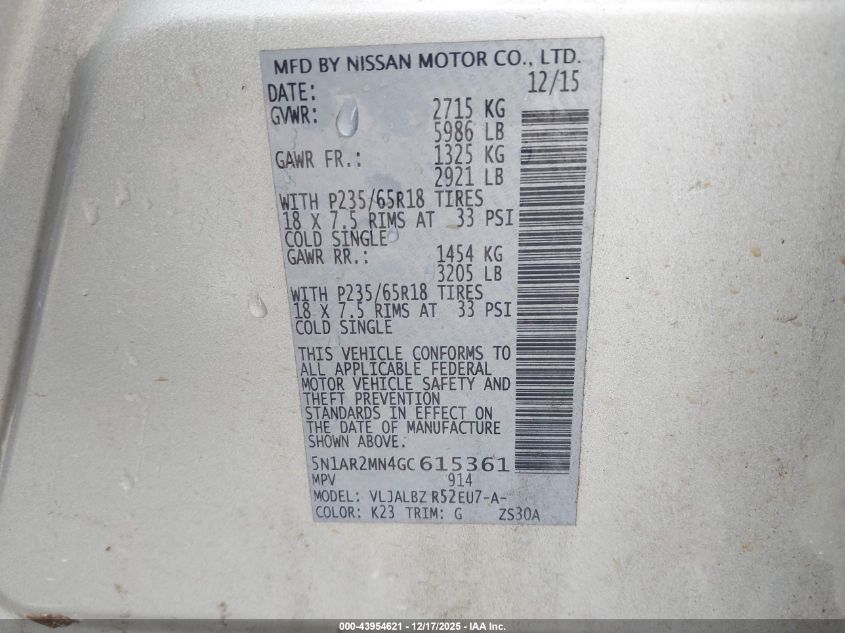 2016 Nissan Pathfinder S VIN: 5N1AR2MN4GC615361 Lot: 43954621
