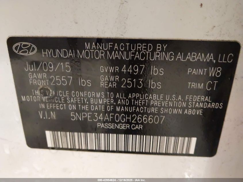 2016 Hyundai Sonata Sport VIN: 5NPE34AF0GH266607 Lot: 43954624