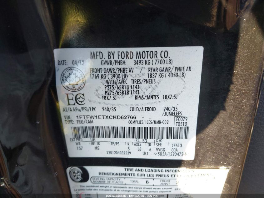 2012 Ford F-150 Xlt VIN: 1FTFW1ETXCKD62766 Lot: 43954625