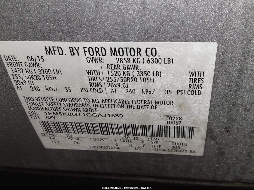 2016 Ford Explorer Sport VIN: 1FM5K8GT1GGA31589 Lot: 43954626