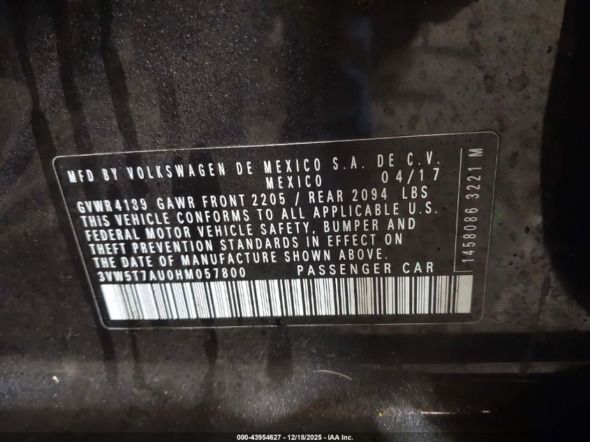 2017 Volkswagen Golf Gti Autobahn 4-Door/S 4-Door/Se 4-Door/Sport 4-Door VIN: 3VW5T7AU0HM057800 Lot: 43954627