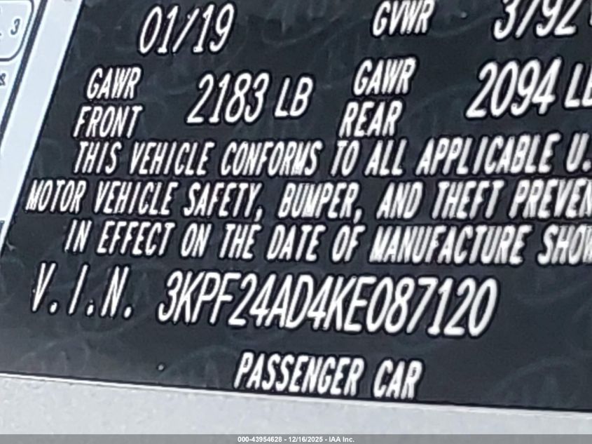 2019 Kia Forte Lxs VIN: 3KPF24AD4KE087120 Lot: 43954628