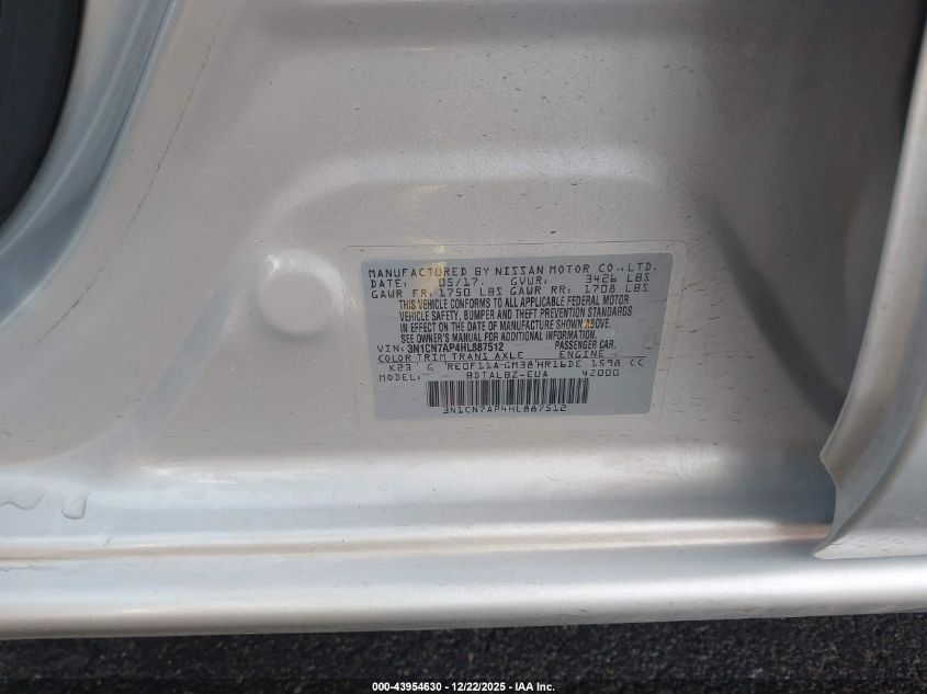 2017 Nissan Versa 1.6 Sv VIN: 3N1CN7AP4HL887512 Lot: 43954630