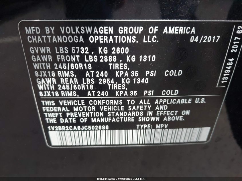2018 Volkswagen Atlas 3.6L V6 Launch Edition VIN: 1V2BR2CA8JC502686 Lot: 43954632