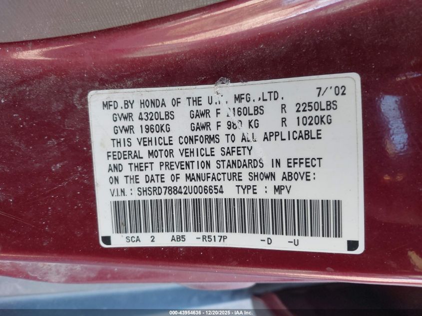 2002 Honda Cr-V Ex VIN: SHSRD78842U006654 Lot: 43954636