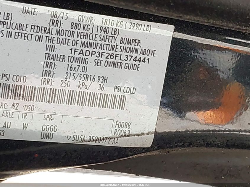 2015 Ford Focus Se VIN: 1FADP3F26FL374441 Lot: 43954637