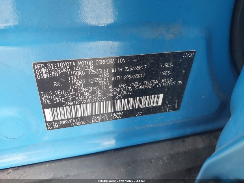 2021 Toyota Rav4 Xle VIN: JTMW1RFVXMD072322 Lot: 43954639