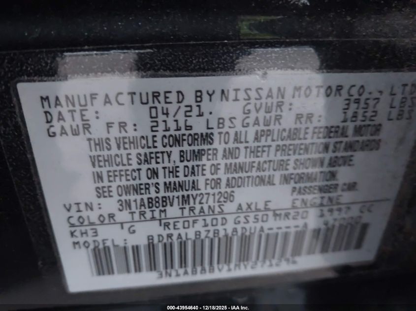 2021 Nissan Sentra S Xtronic Cvt VIN: 3N1AB8BV1MY271296 Lot: 43954640