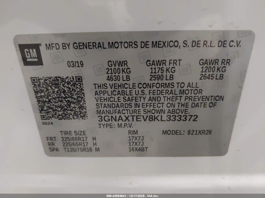 2019 Chevrolet Equinox Lt VIN: 3GNAXTEV8KL333372 Lot: 43954641