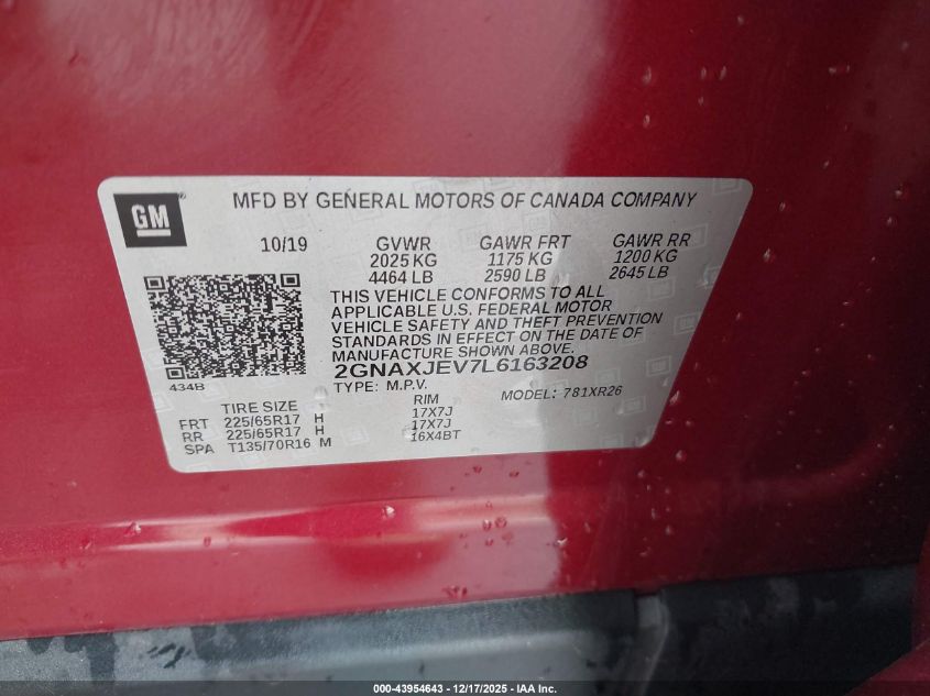 2020 Chevrolet Equinox Fwd 2Fl VIN: 2GNAXJEV7L6163208 Lot: 43954643