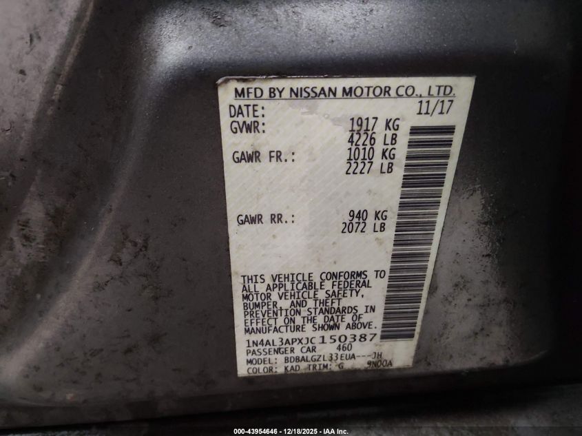 2018 Nissan Altima 2.5 S VIN: 1N4AL3APXJC150387 Lot: 43954646