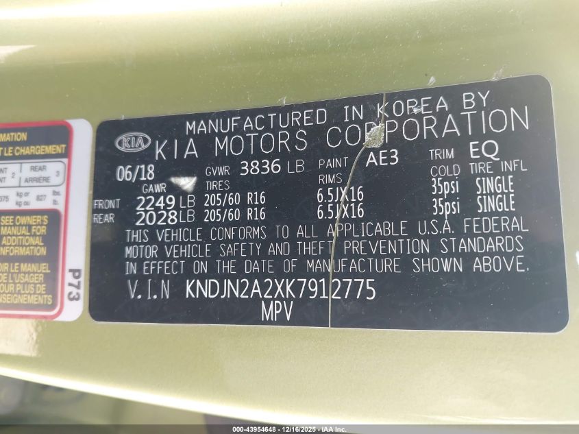 2019 Kia Soul VIN: KNDJN2A2XK7912775 Lot: 43954648