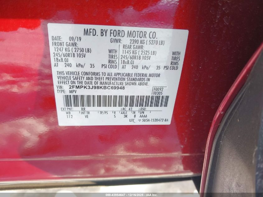 2019 Ford Edge Sel VIN: 2FMPK3J98KBC69948 Lot: 43954647