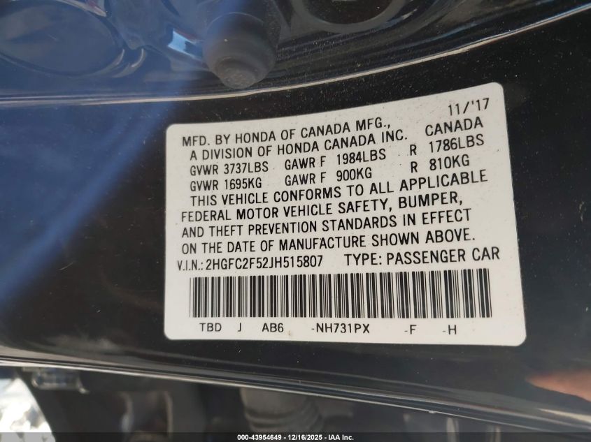 2018 Honda Civic Lx VIN: 2HGFC2F52JH515807 Lot: 43954649
