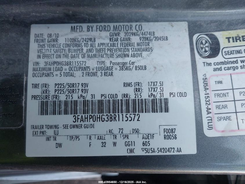 2011 Ford Fusion Se VIN: 3FAHP0HG3BR115572 Lot: 43954650