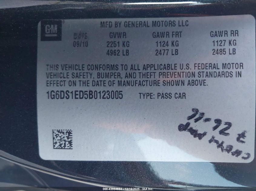 2011 Cadillac Cts Premium VIN: 1G6DS1ED5B0123005 Lot: 43954654