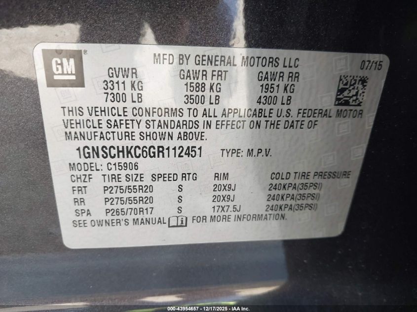 2016 Chevrolet Suburban Lt VIN: 1GNSCHKC6GR112451 Lot: 43954657