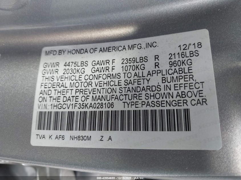 2019 Honda Accord Sport VIN: 1HGCV1F35KA028106 Lot: 43954659