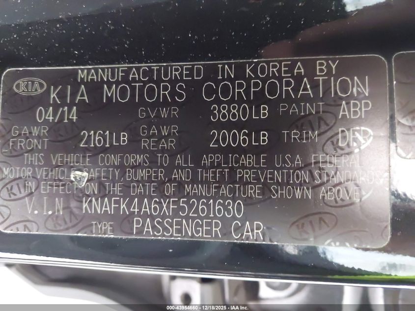 2015 Kia Forte Lx VIN: KNAFK4A6XF5261630 Lot: 43954660