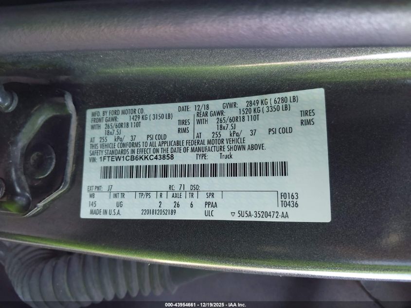 2019 Ford F-150 Xlt VIN: 1FTEW1CB6KKC43858 Lot: 43954661