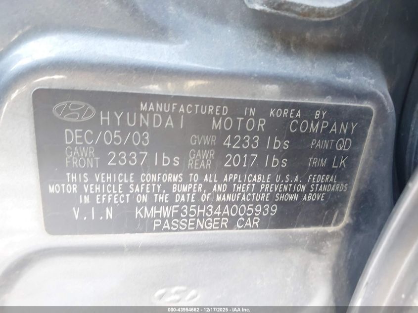 2004 Hyundai Sonata Gls/Lx VIN: KMHWF35H34A005939 Lot: 43954662