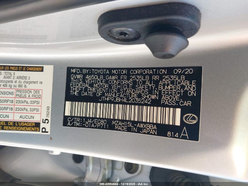 2020 Lexus Ux 250H VIN: JTHP9JBH4L2035242 Lot: 43954664