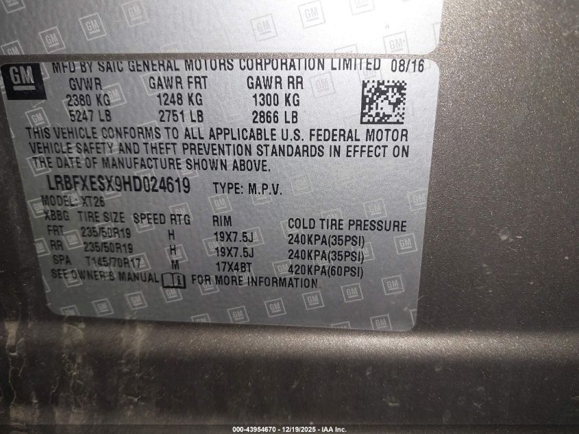 2017 Buick Envision Premium I VIN: LRBFXESX9HD024619 Lot: 43954670