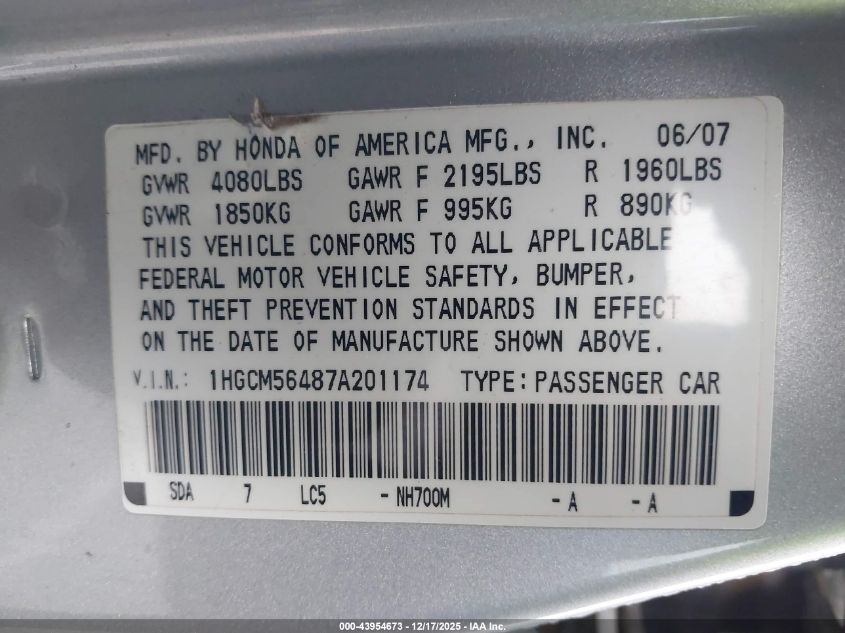 2007 Honda Accord 2.4 Lx VIN: 1HGCM56487A201174 Lot: 43954673