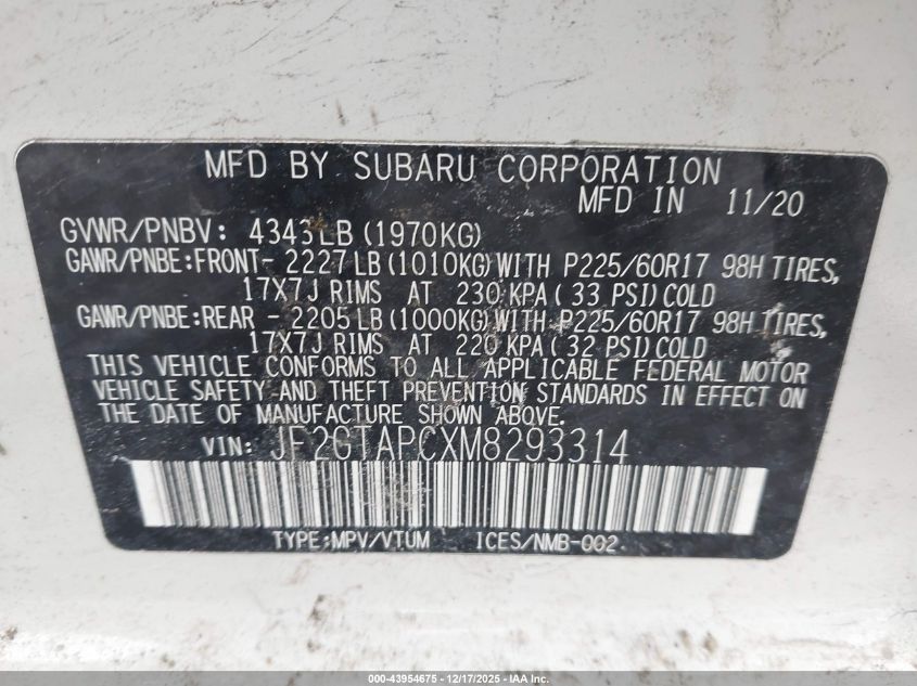 2021 Subaru Crosstrek Premium VIN: JF2GTAPCXM8293314 Lot: 43954675