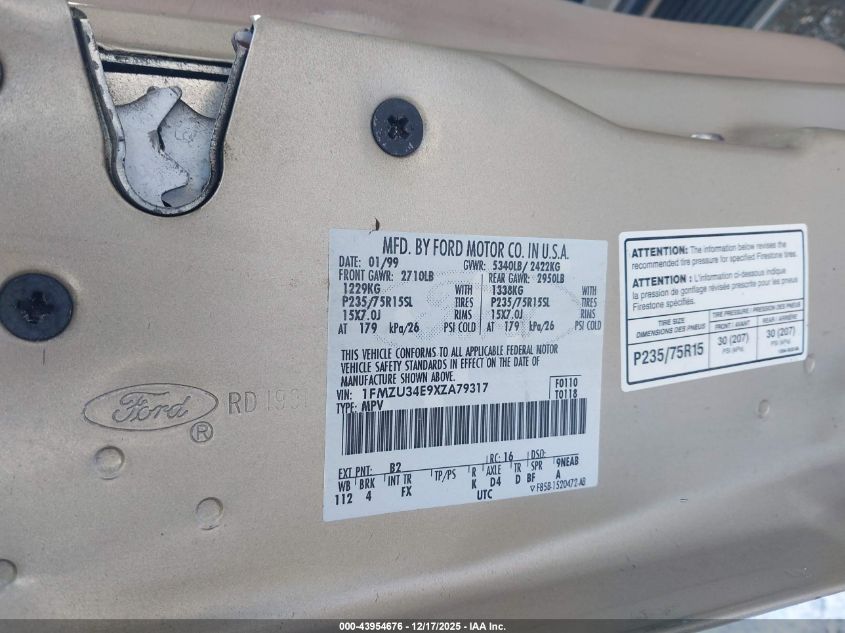 1999 Ford Explorer Eddie Bauer/Limited/Xlt VIN: 1FMZU34E9XZA79317 Lot: 43954676