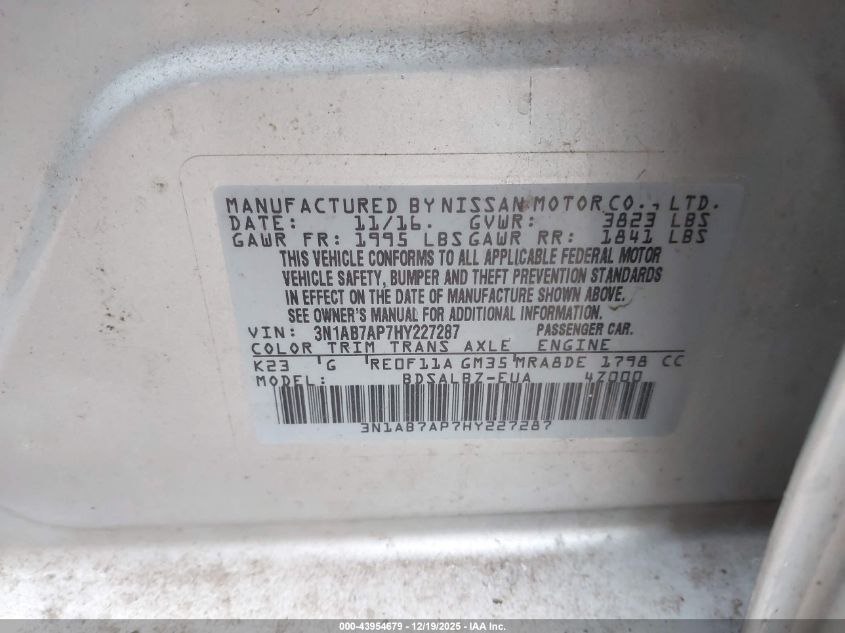 2017 Nissan Sentra S VIN: 3N1AB7AP7HY227287 Lot: 43954679